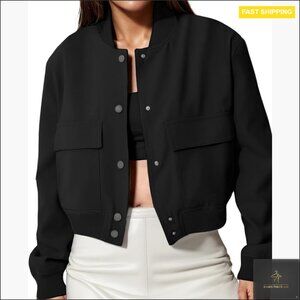 Cropped Bomber Jacket Long Sleeve Button Down Casual Coat with Pockets